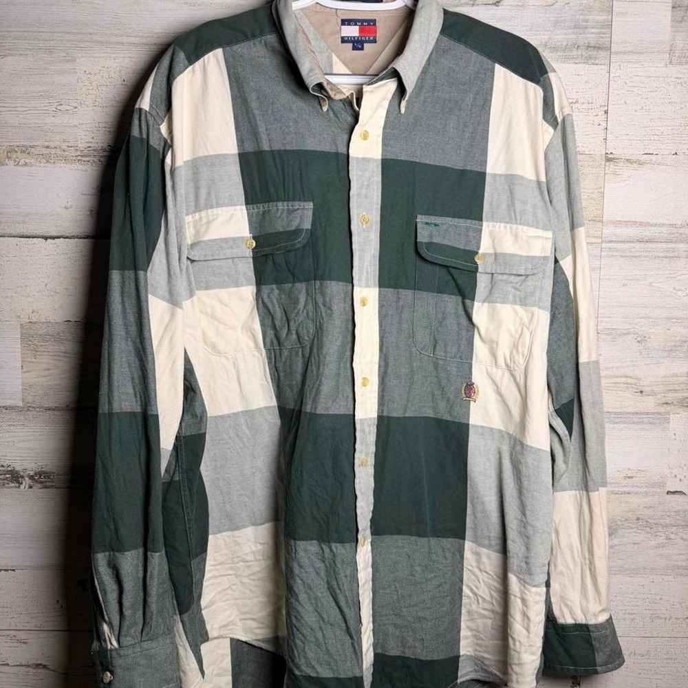 Vintage Green Plaid Tommy Hilfiger Long Sleeve Button Down Mens Large